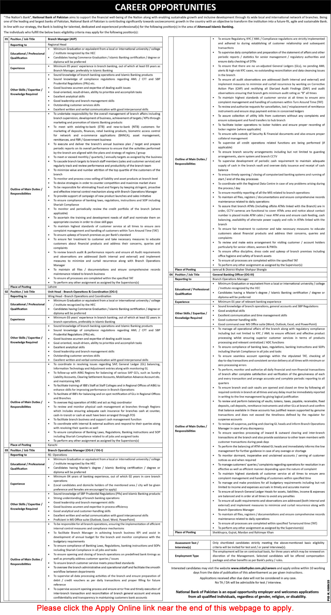 National Bank of Pakistan Jobs September / October 2025